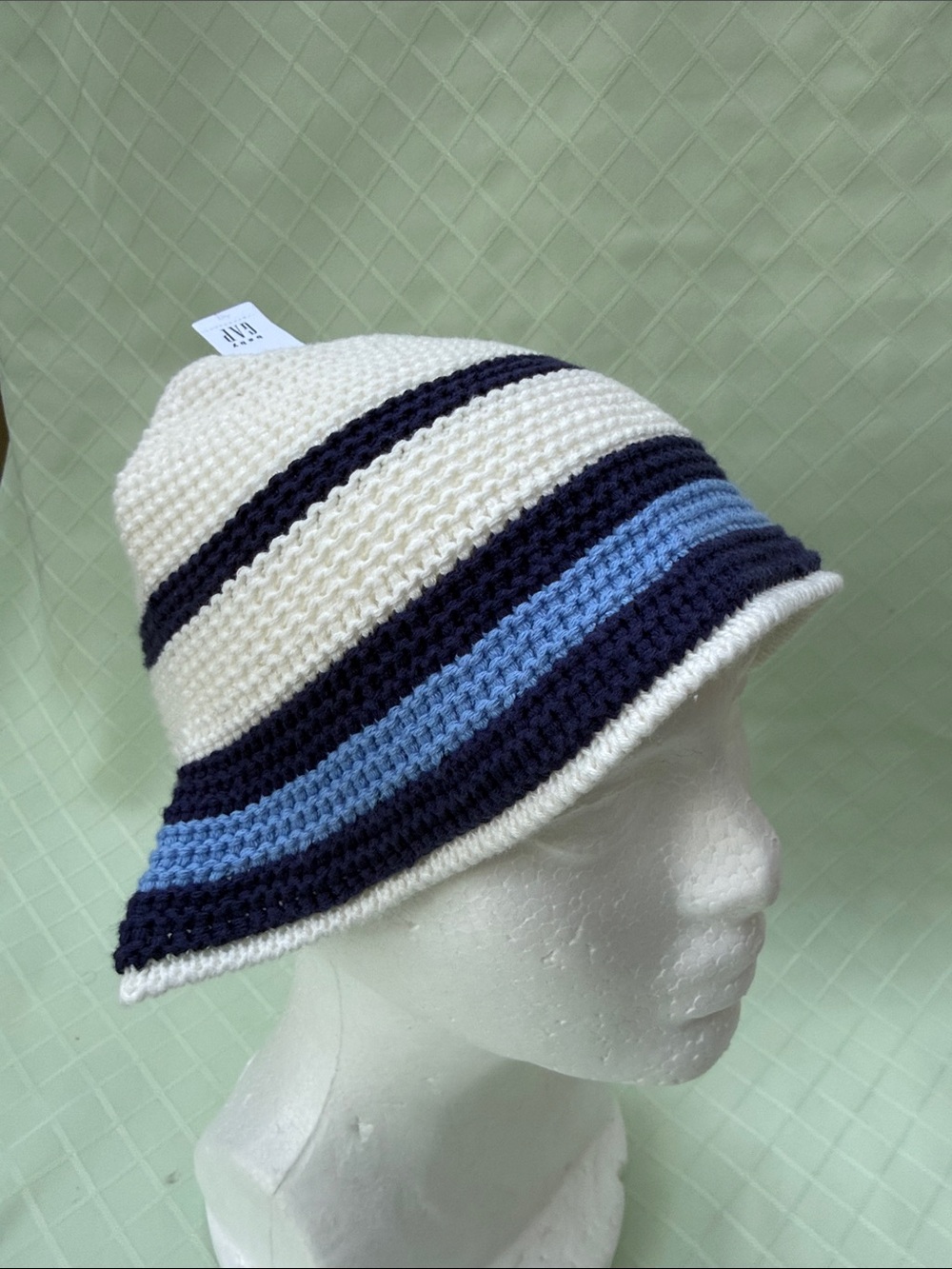 New GAP Crochet Cotton Bucket Hat - White, Navy & Light Blue